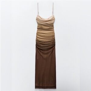 NWOT Zara Ombre Sheer Mesh Ruched Corset Boned Midi Brown Dress